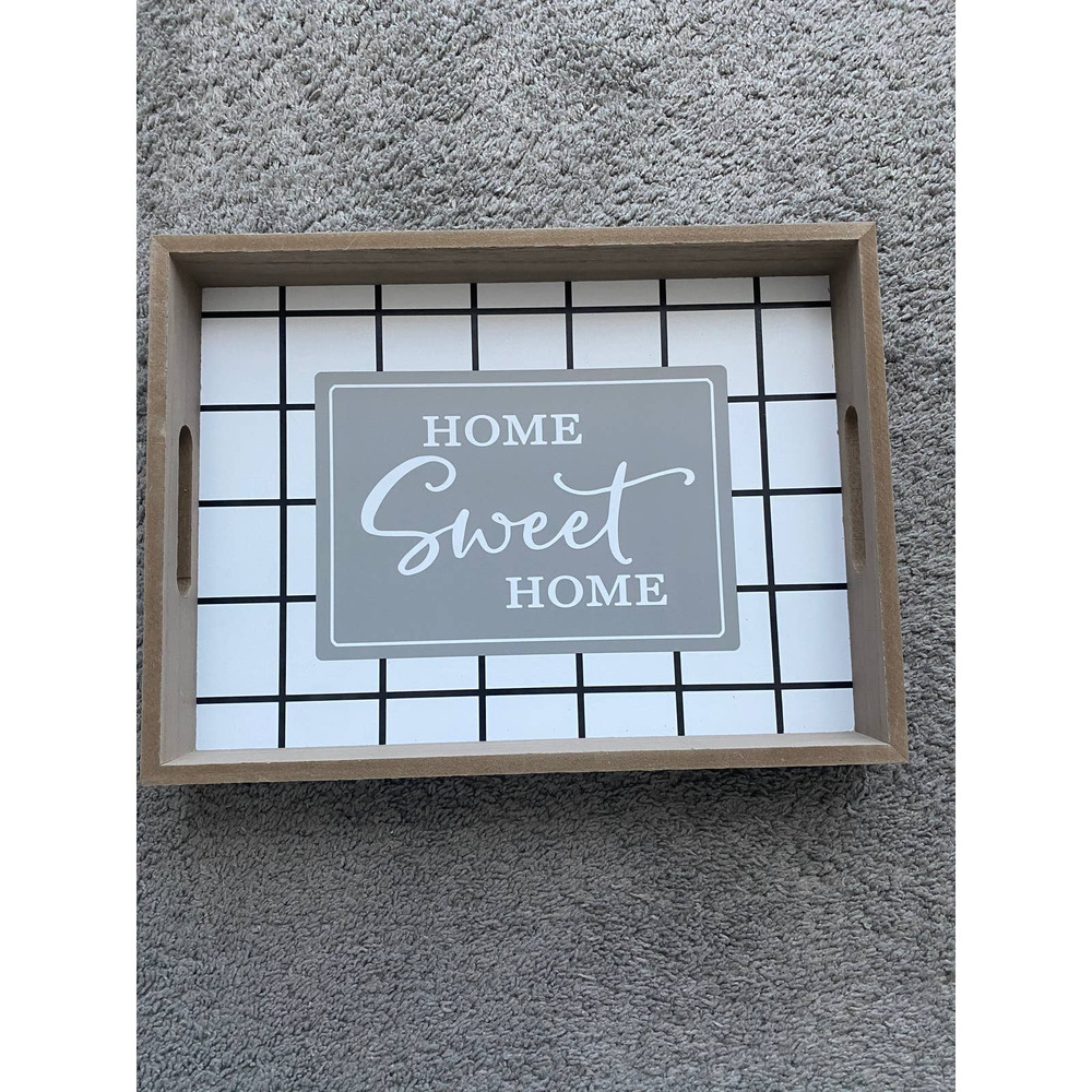 Decorative tray w/ black/white check pattern & "home sweet home", 15 in x 11 in